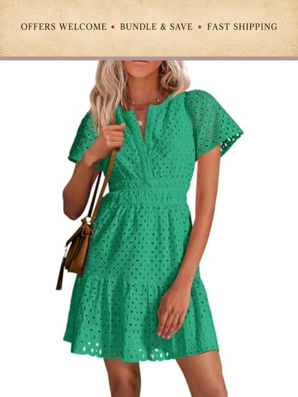 PRETTYGARDEN Women's Summer Eyelet Lace Short Dress V-Neck Ruffle Hem Mini